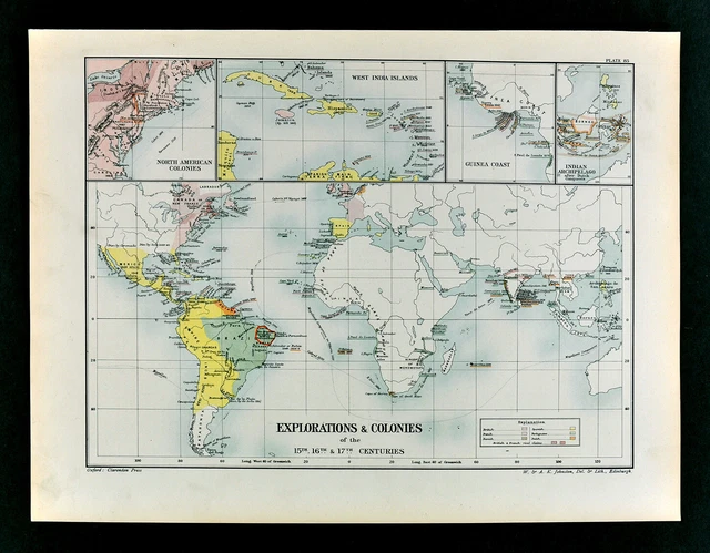1902 Oxford History World Map Exploration Colony America Africa India Columbus
