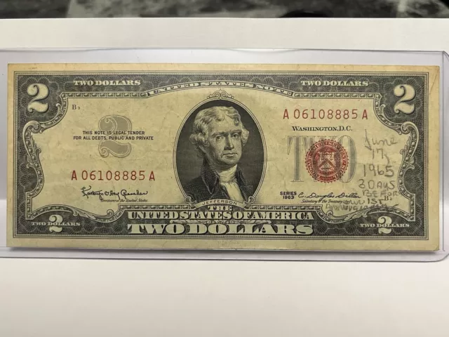 1963 Circulated Two Dollar ($2) Bill Red Seal Note A Series