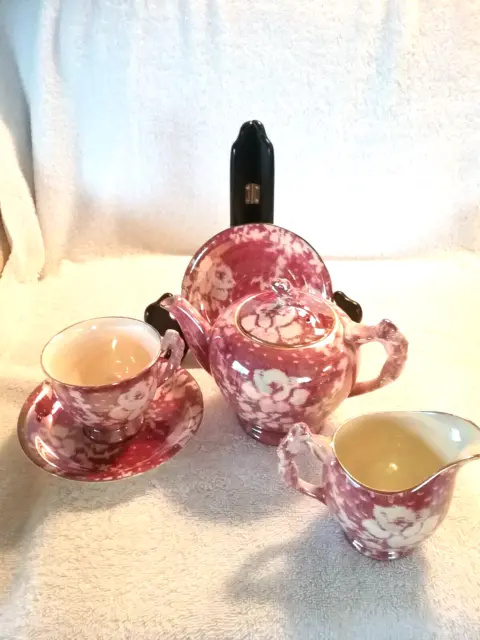 Vintage Royal Winton Grimwades Brocade Rosebud Pink Cranberry Teapot + Extras