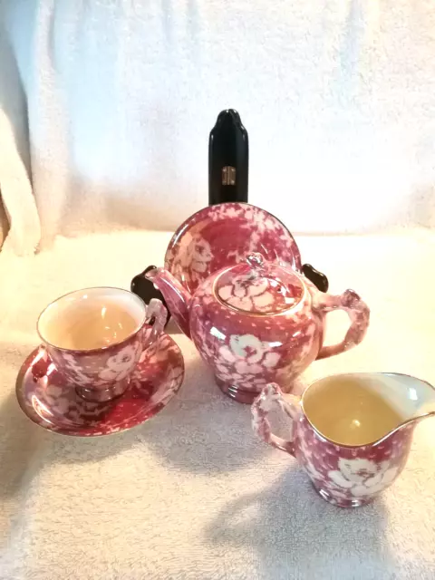 Vintage Royal Winton Grimwades Brocade Rosebud Pink Cranberry Teapot + Extras