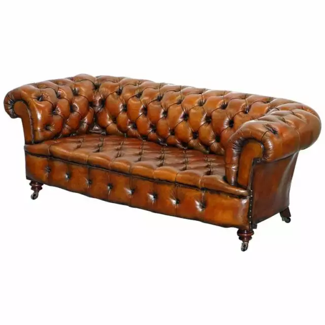 Restored Victorian 1890 Cornelius V Smith Stamp Chesterfield Leather Sofa Brown