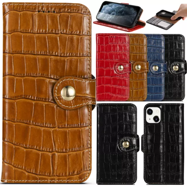 For iPhone 15 14 13 12 Pro Max Crocodile Genuine Leather Wallet Flip Case Cover