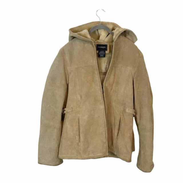 Outbrook Parka Coat Vtg Womens Tan Suede Faux Shearling Distressed Hooded Size L