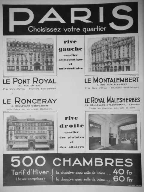 Publicité Presse 1931 Hotel De Paris Le Pont Royal Le Ronceray Le Montalembert