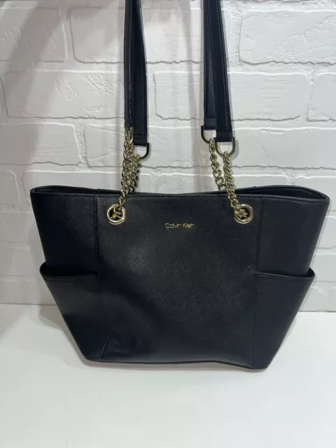 Nice Classic Calvin Klein Hayden Saffiano Leather Tote Large Black Gold Chain