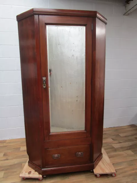 Lovely Antique Edwardian Walnut Door Mirrored  1  Drawer Corner Wardrobe