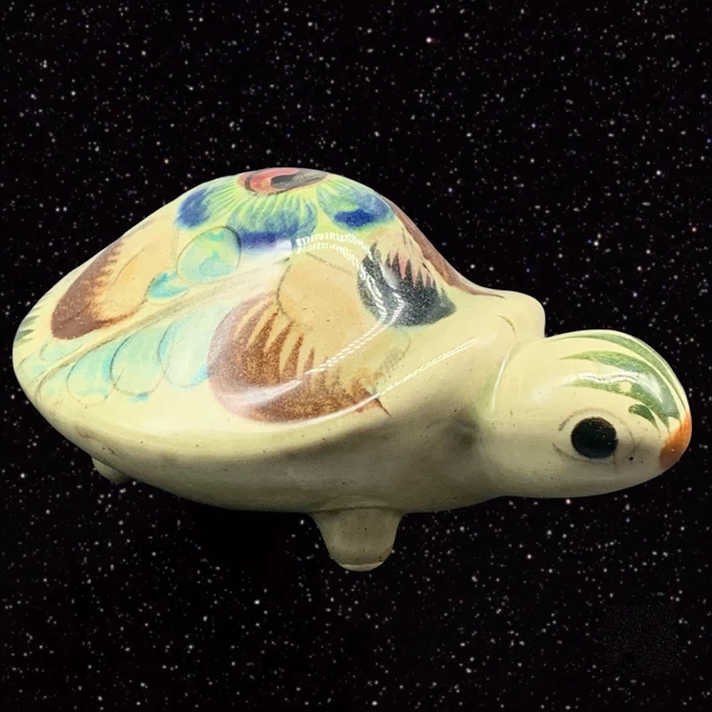 Vintage Mexican Folk Art Pottery Handpainted Turtle Figure Tonala 6”W