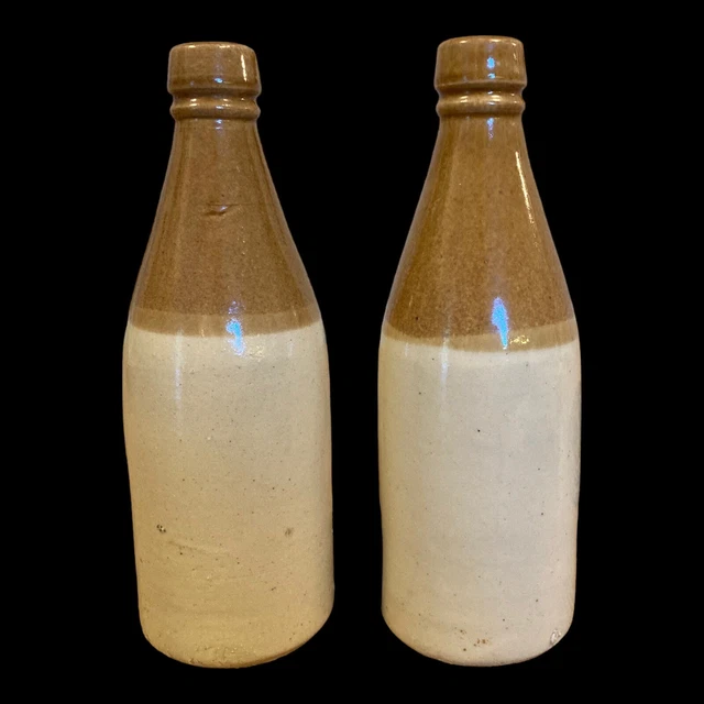 2 Antique Clay Stoneware Bottles, Beer Ale Bottle, Ginger Beer