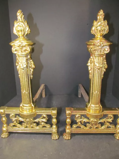 Antique French Column Design Ornate Brass Andirons Circa 1800's