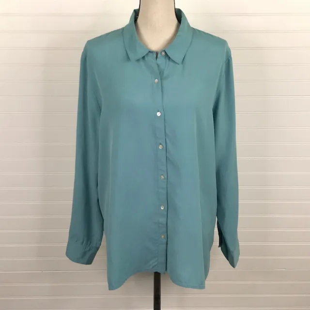 J Jill Blue Long Sleeve 100% Silk Button Up Collared Shirt Blouse Size XL