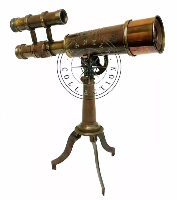 Kelvin & Hughes Nautical Antique Brass Telescope Double Barrel With Tripod Stand