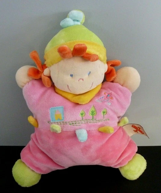 R99- Doudou Coussin Nicotoy Kiabi Poupee Fille Lutin Rose Jaune Grelot Maison