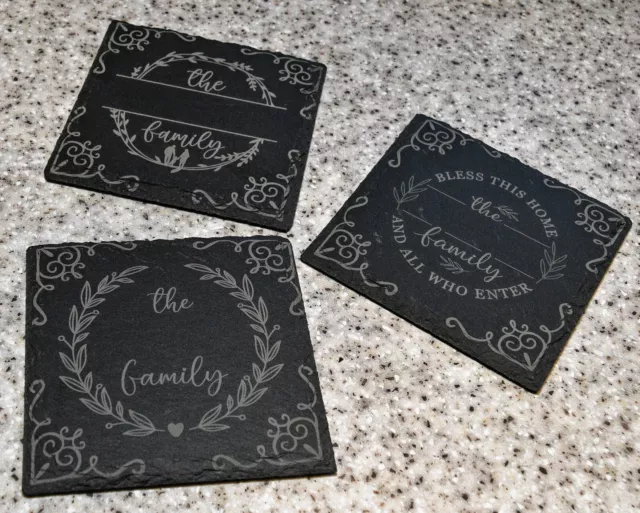 Personalised slate coasters,  family name, laser engraved gift for any occasion 