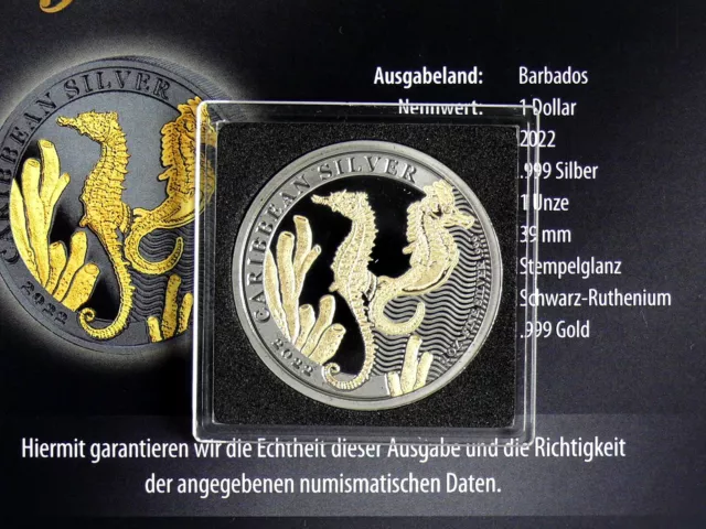 Barbados 1 Dollar 2022, Seepferdchen, Golden Enigma Edition, 1 Oz Silber