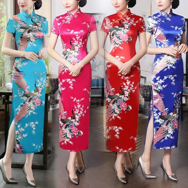 Traditional Chinese Women's Silk Satin Peacock Print Long Dress Cheongsam Qipao