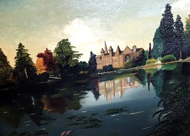 Quadro ad olio vintage incorniciato a bordo casa scena lago bella arte non firmata