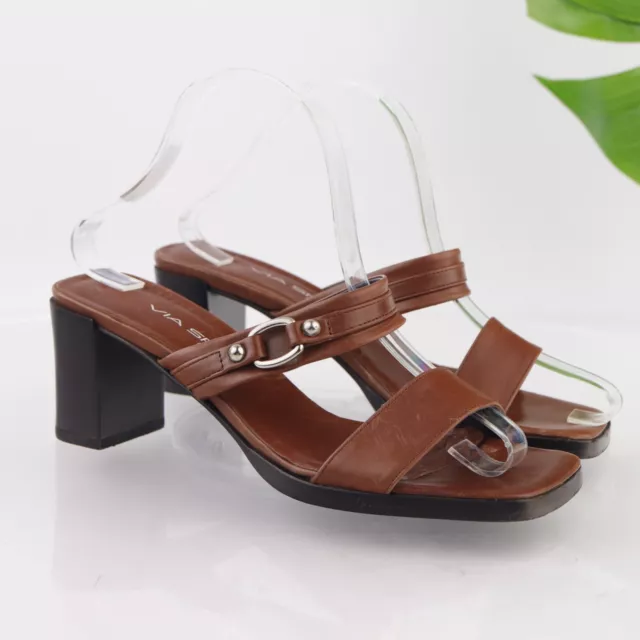 Via Spiga Italy Women's Sandal Size 8  Block Heel Strappy Slide Square Toe Brown