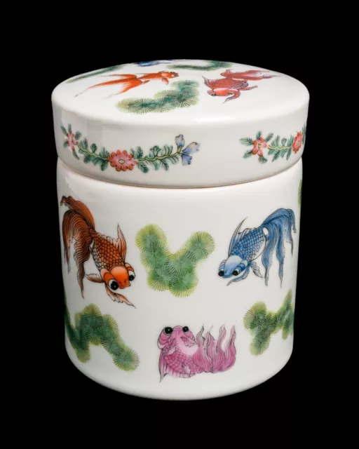 Round Chinese Covered Ceramic Opium / Tea Jar w Koi, Ching Reproduction, 6” tall