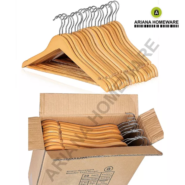 20 - 200 Wooden Coat Hangers Suit Garments Clothes Wood Hanger Trouser Bar Set