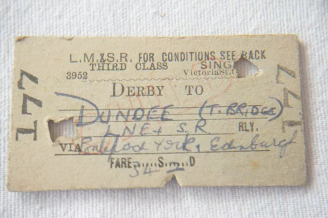 LMS Railway Train Ticket Widnes Derby to Dundee LNER