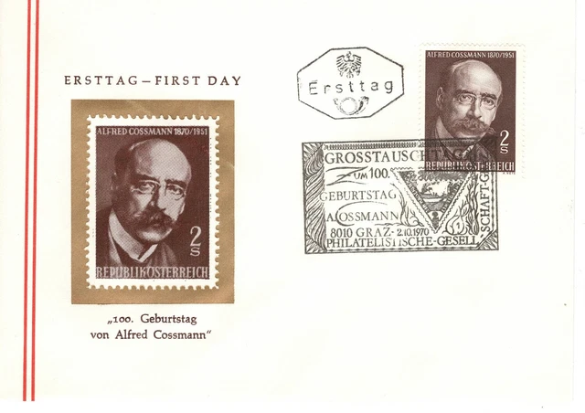 FDC Österreich 100. Geburtstag Alfred Cossmann 1970