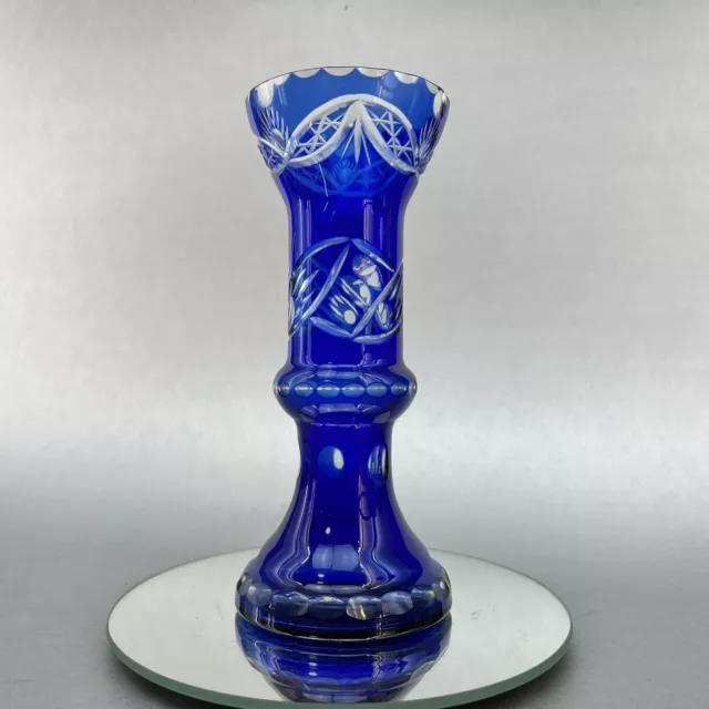 Vintage Cobalt Blue Cut to Clear Crystal 6.5” Vase Bohemian Czech Art Glass