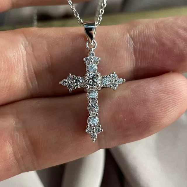 1.60Ct Round Cut Moissanite Cross Pendant 14K White Gold Plated With Chain