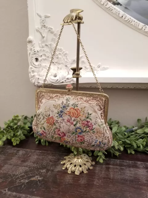 Antique 1920's French Art Nouveau Micro Petit Point Floral Purse Ornate Frame