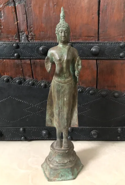 Splendid Antique Large Standing Thai Bronze Buddha Sukhothai Style, 19th Century