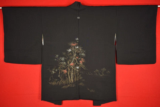 Vintage Japanese Kimono Silk Antique BORO Black HAORI Kusakizome Woven/A577/560