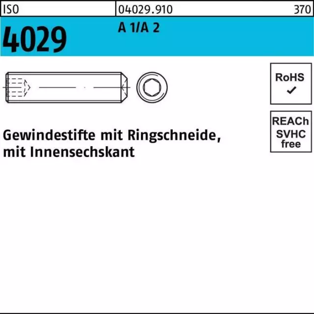 Gewindestift ISO 4029 Ringschneide/Innen-6-kant M 12 x 35 A 2