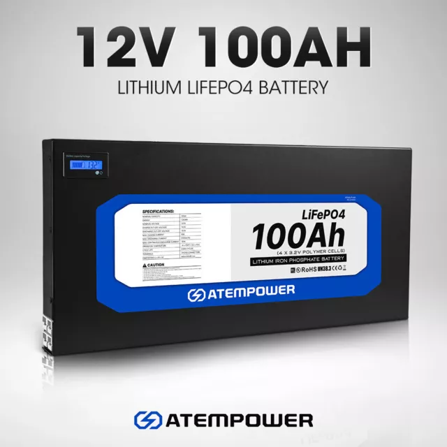 Atem Power 100Ah 12V Slimline Lithium Battery LiFePO4 Deep Cycle 200A BMS 4WD RV