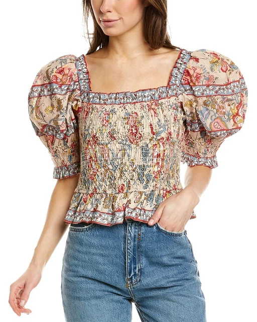 Sea Ny Tess Print Smocked Top Women's White Xxs
