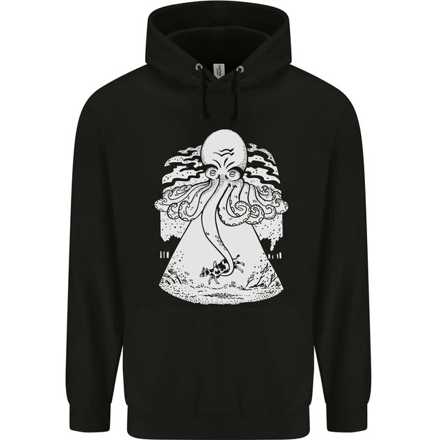 Felpa con cappuccio Alien Octopus Kraken Cthulhu mucca UFO da uomo 80% cotone
