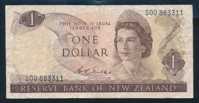 New Zealand: 1968 $1 Wilks RARE QUADRUPLE LUCKY PREFIX/NO. "00883311". Pick 163b