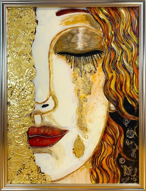Tableau Toile Gustav Klimt 'Fille Aux Larmes Dorées' - Impression Sur Toile Encadrée