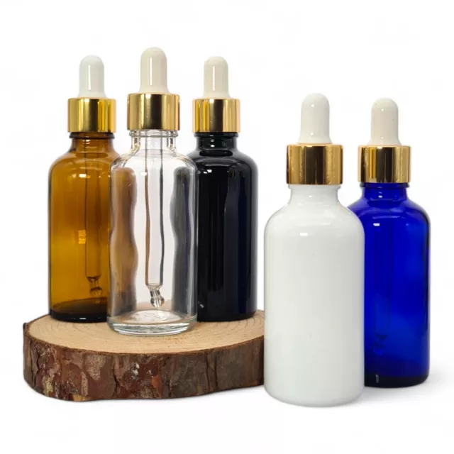 Glass Dropper Bottles Blue White Clear Amber Black 10ml-100ml Gold/White Pipette