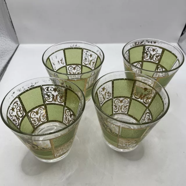 MCM Green Prado CULVER Barware Glass 22k Gold Lowball Rocks Whiskey Set Of 4