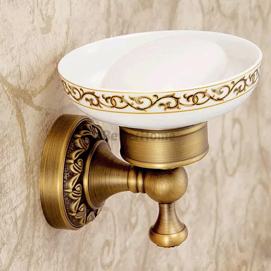 Antique Brass Art Carved Bathroom Wall Mounted Ceramic Trays Soap Dishes Holder