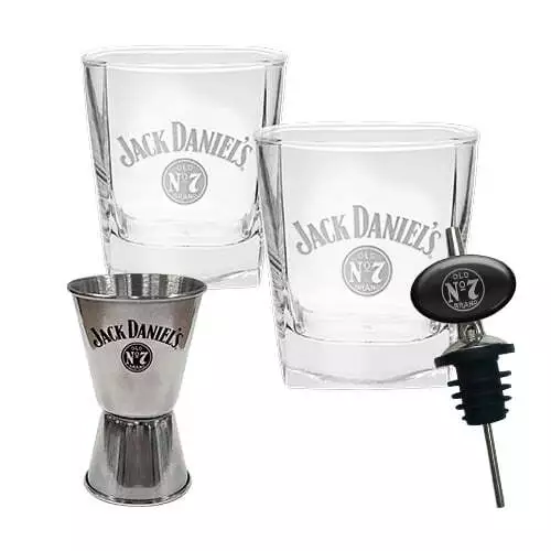 Jack Daniels Glass Spirit Glasses - Metal Pourer - Stainless Steel Jigger Set