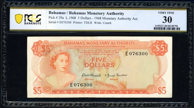 Bahamas 1968 $5 Monetary Authority Note SCWPM-29a PCGS Banknote Very Fine 30
