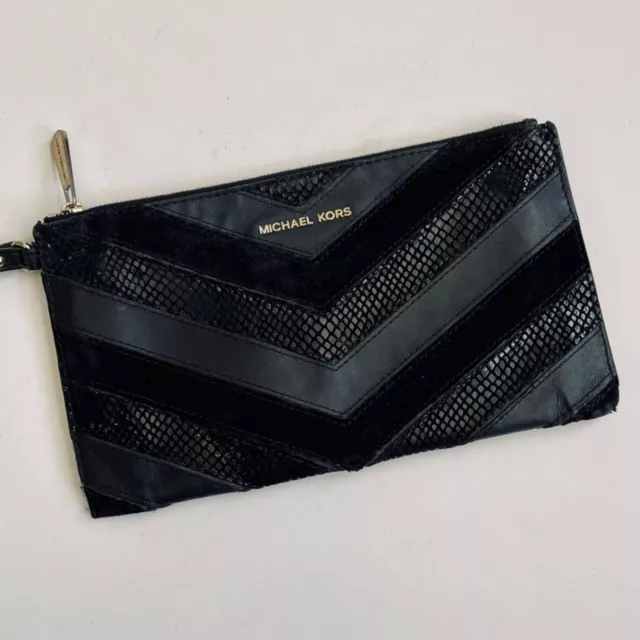 Michael Kors Bedford Large Zip Clutch Wristlet Black Saffiano Snake Leather