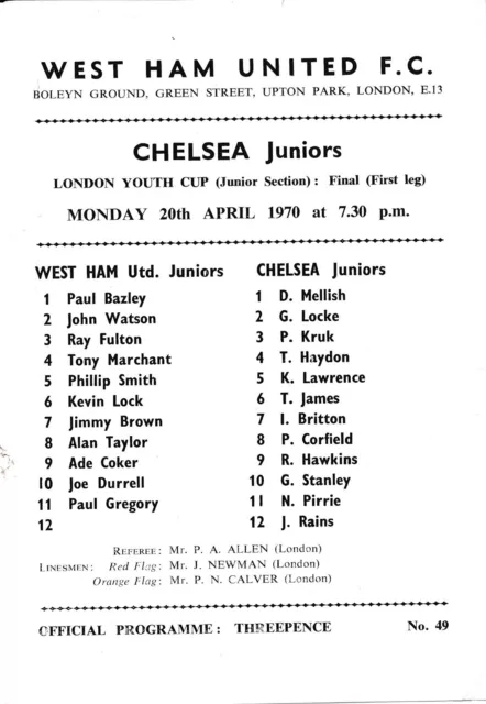 West Ham United v Chelsea (London Youth Junior Cup Final) 1969/1970