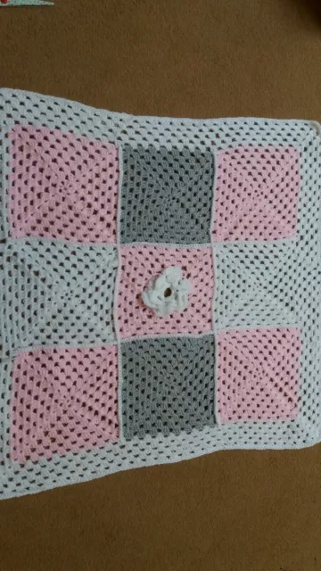 Crochet baby cot car seat blanket Handmade Girls Pink Grey White with flower