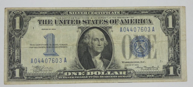 Series 1934 Blue Seal $1 Silver Certificate Note FINE  Fr#1606 Problem Free 3