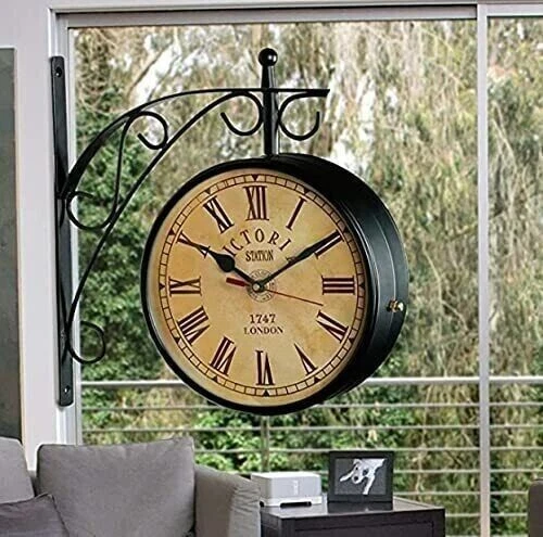 Horloge De Gare Noire Double Face UrbanHomes - Style Rétro Grand Central Station, Horloge Murale Vintage Métal