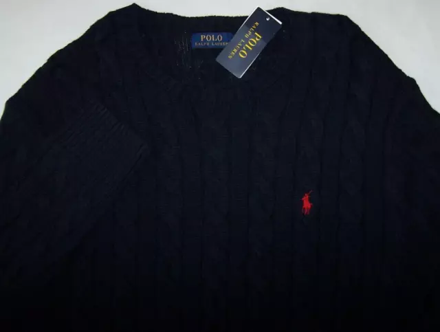 NWT Polo Ralph Lauren NAVY BLUE CABLE Knit Crew-Neck Sweater Men XXL RED PONY