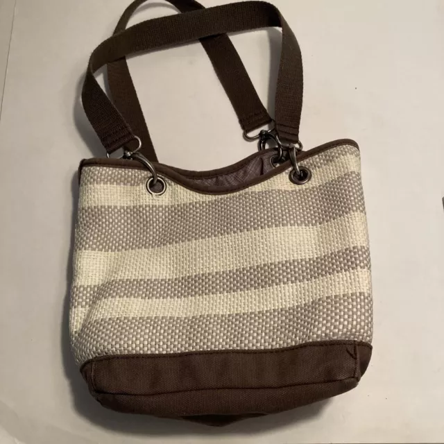 Thirty One  “Canvas Crew Mini” Purse tan and brown striped Bag Straw Design