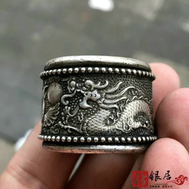 Old Chinese tibet silver handcarved   Dragon phoenix Pull finge Ring statue 5901