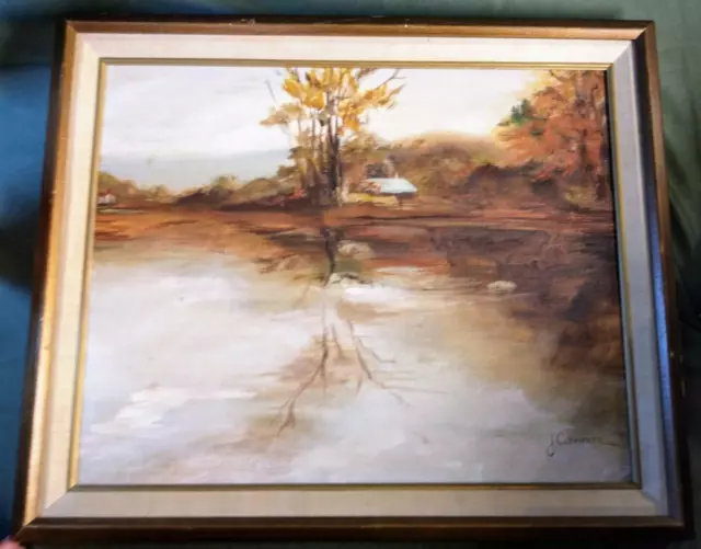 Old Vintage Original Artist Signed Oil Painting Landscape Lake House Home Art